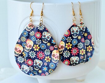 Halloween Sugar Skull Cork Leather Earrings, Dia de los Muertos