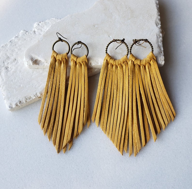 Golden Yellow Leather Fringe Boho Earrings Mustard Sunshine Etsy