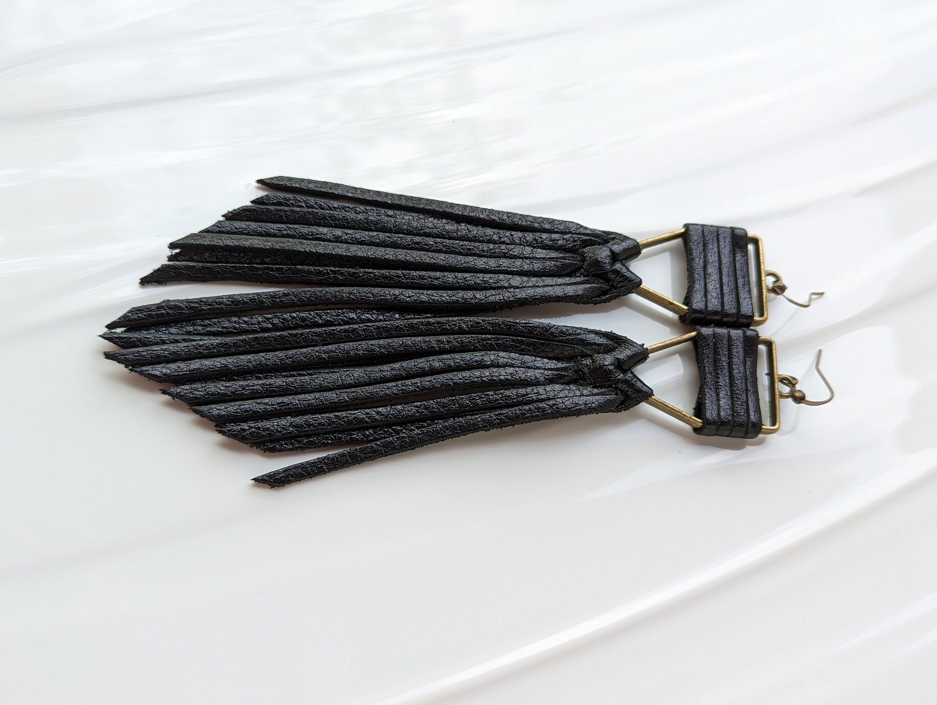 Black Metallic Leather Fringe Earrings, Boho Tassel Dangle - Etsy