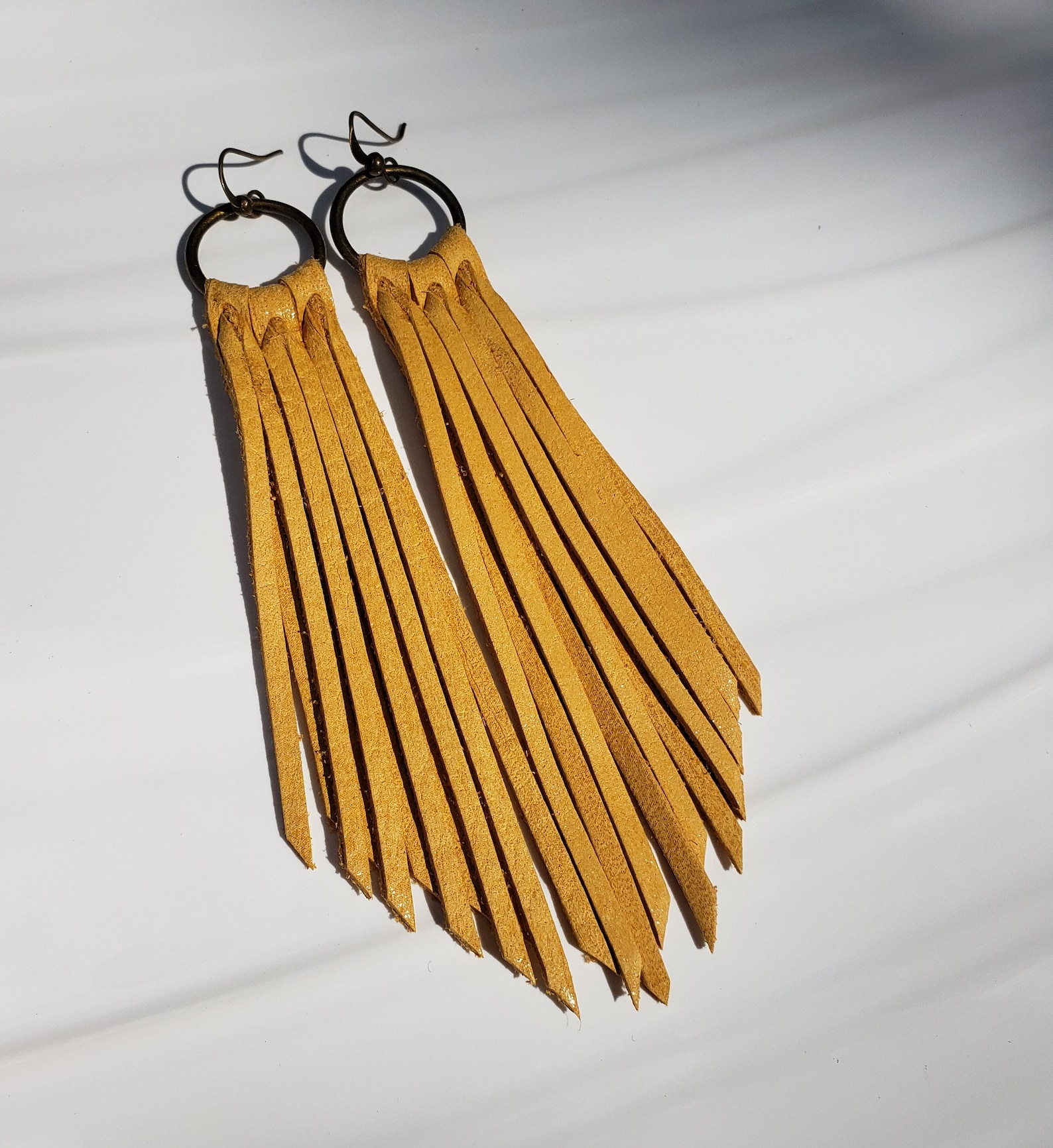 Golden Yellow Leather Fringe Boho Earrings Mustard Sunshine Etsy