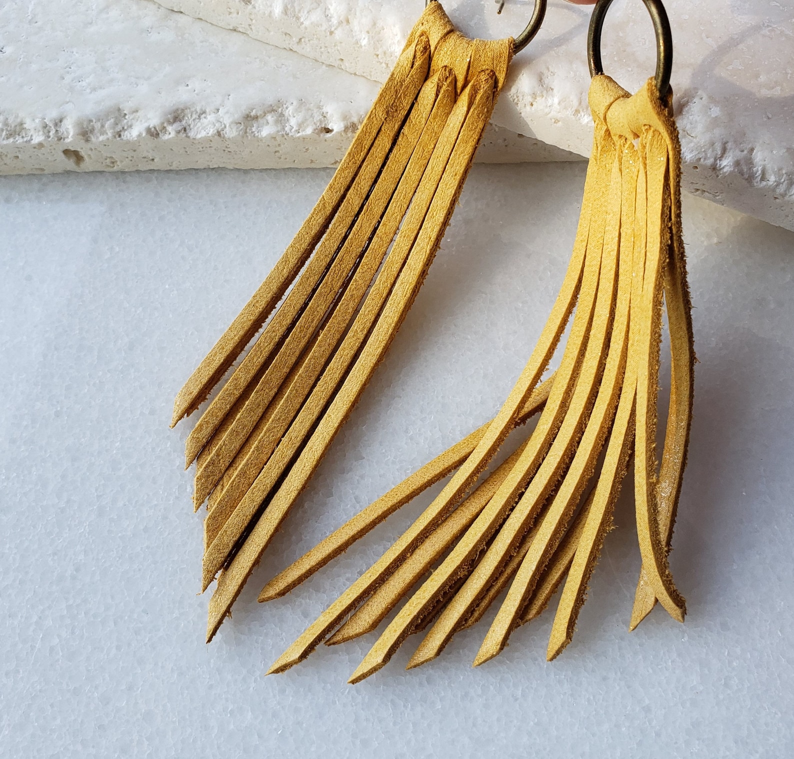 Golden Yellow Leather Fringe Boho Earrings Mustard Sunshine Etsy