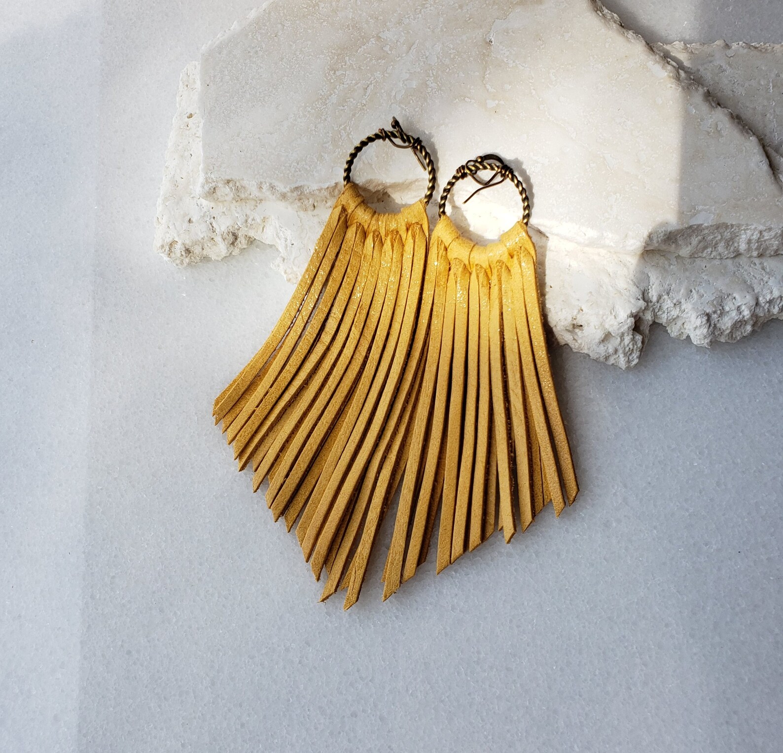 Golden Yellow Leather Fringe Boho Earrings Mustard Sunshine Etsy