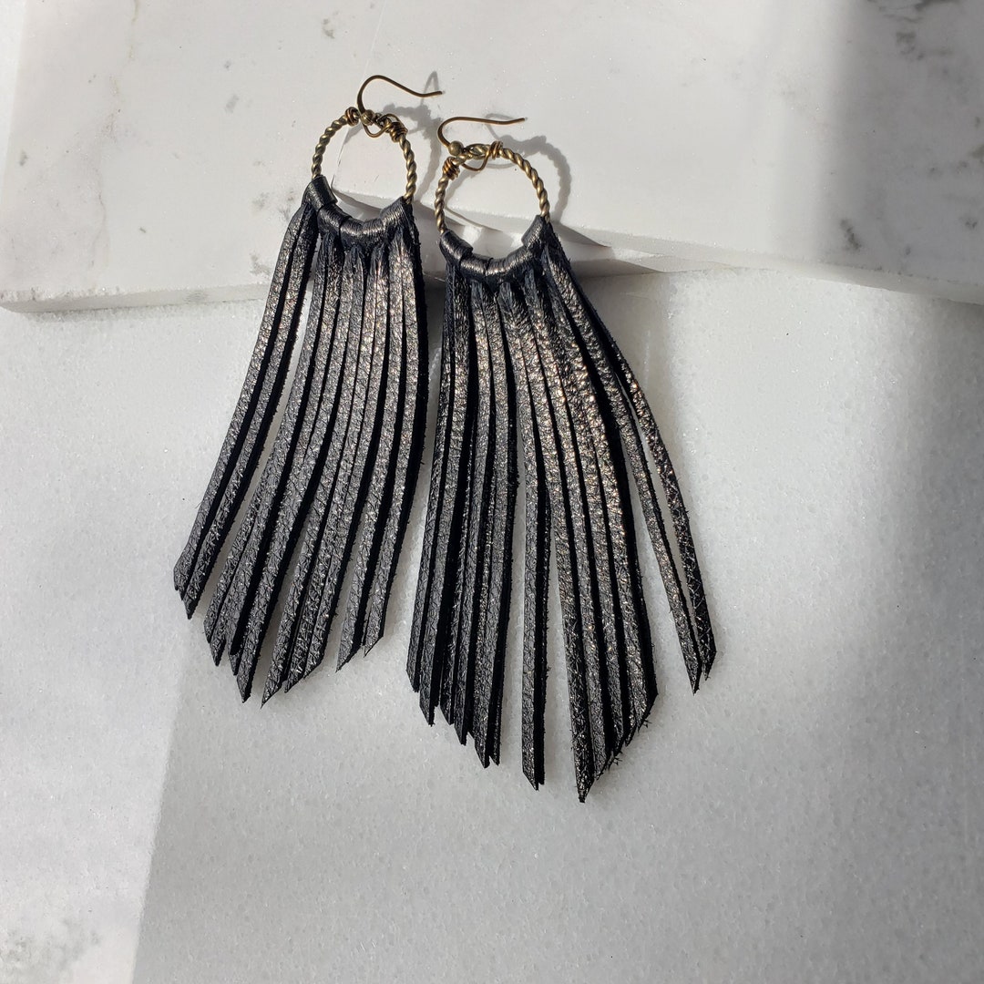 Black Metallic Leather Fringe Earrings, Boho Tassel, Western Jewelry - Etsy