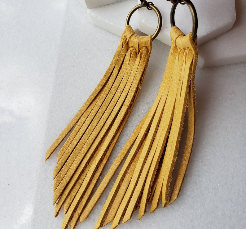 Golden Yellow Leather Fringe Boho Earrings Mustard Sunshine Etsy