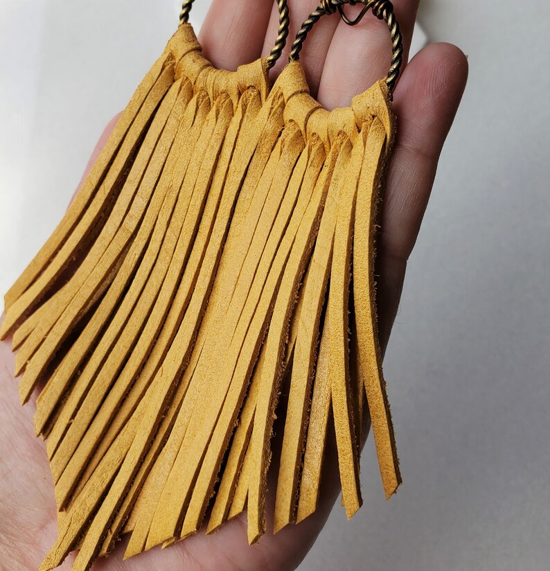 Golden Yellow Leather Fringe Boho Earrings Mustard Sunshine Etsy