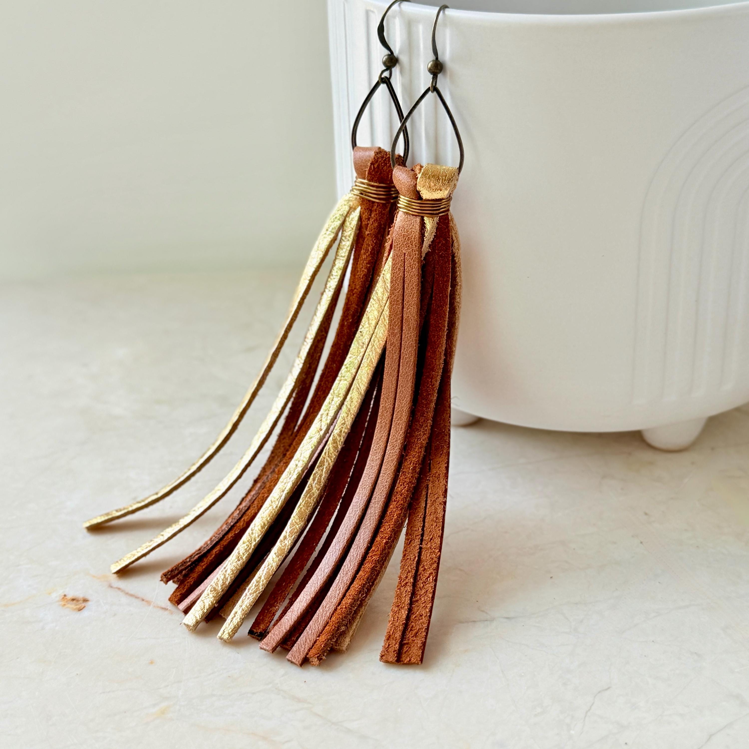 Leather Tassel Earrings, Gunmetal Black Suede, Boho Fringe - Etsy