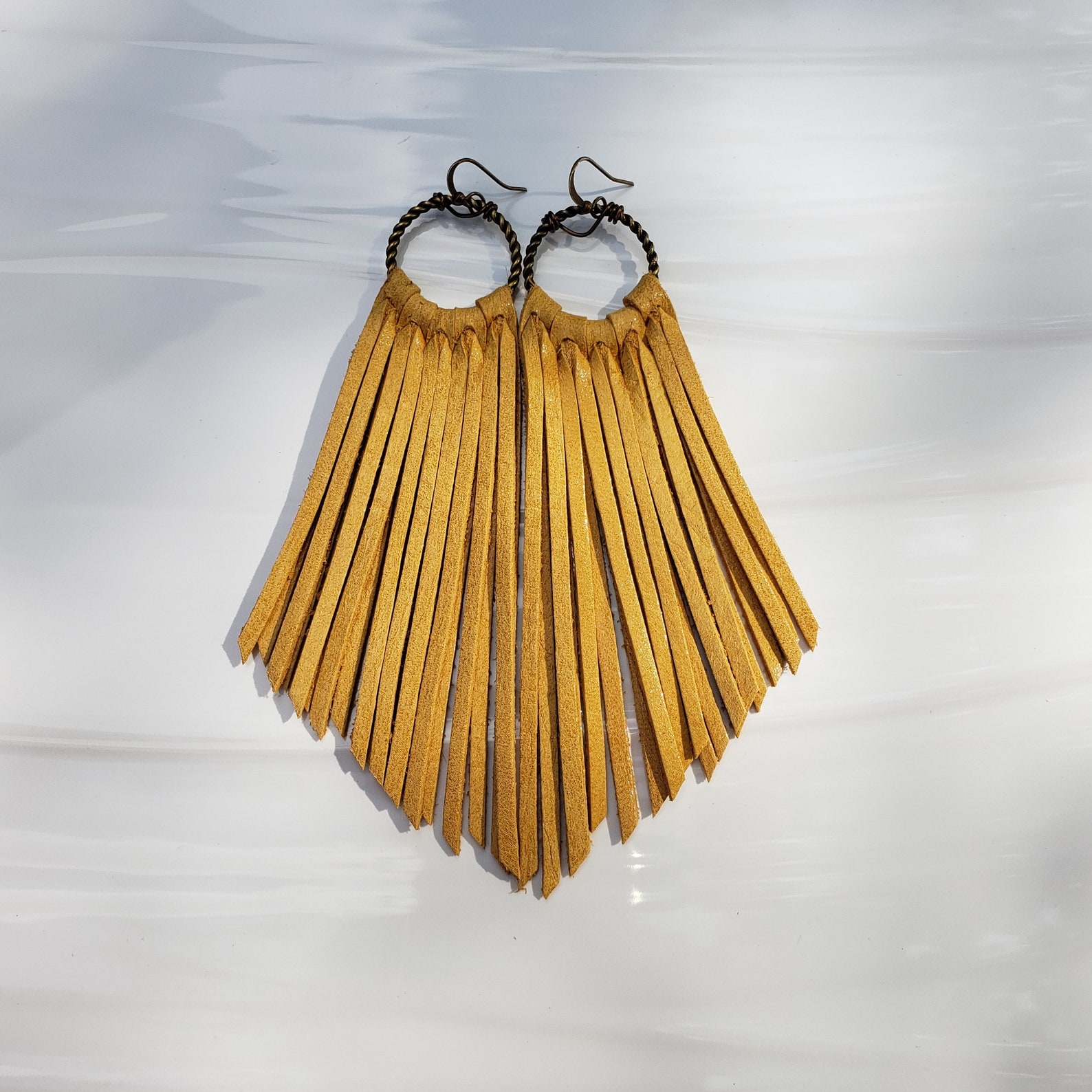 Golden Yellow Leather Fringe Boho Earrings Mustard Sunshine Etsy