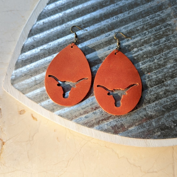 Texas Longhorn burnt orange leather earrings 2.75", UT burnt orange leather earrings, UT Hook 'em Horns, UT Longhorns leather earrings