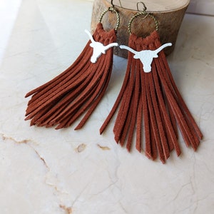 Longhorn Rust Leather Fringe Earring, University of Texas orange brown boho fringe, UT fringe tassel, Longhorn fringe earrings, UT earrings
