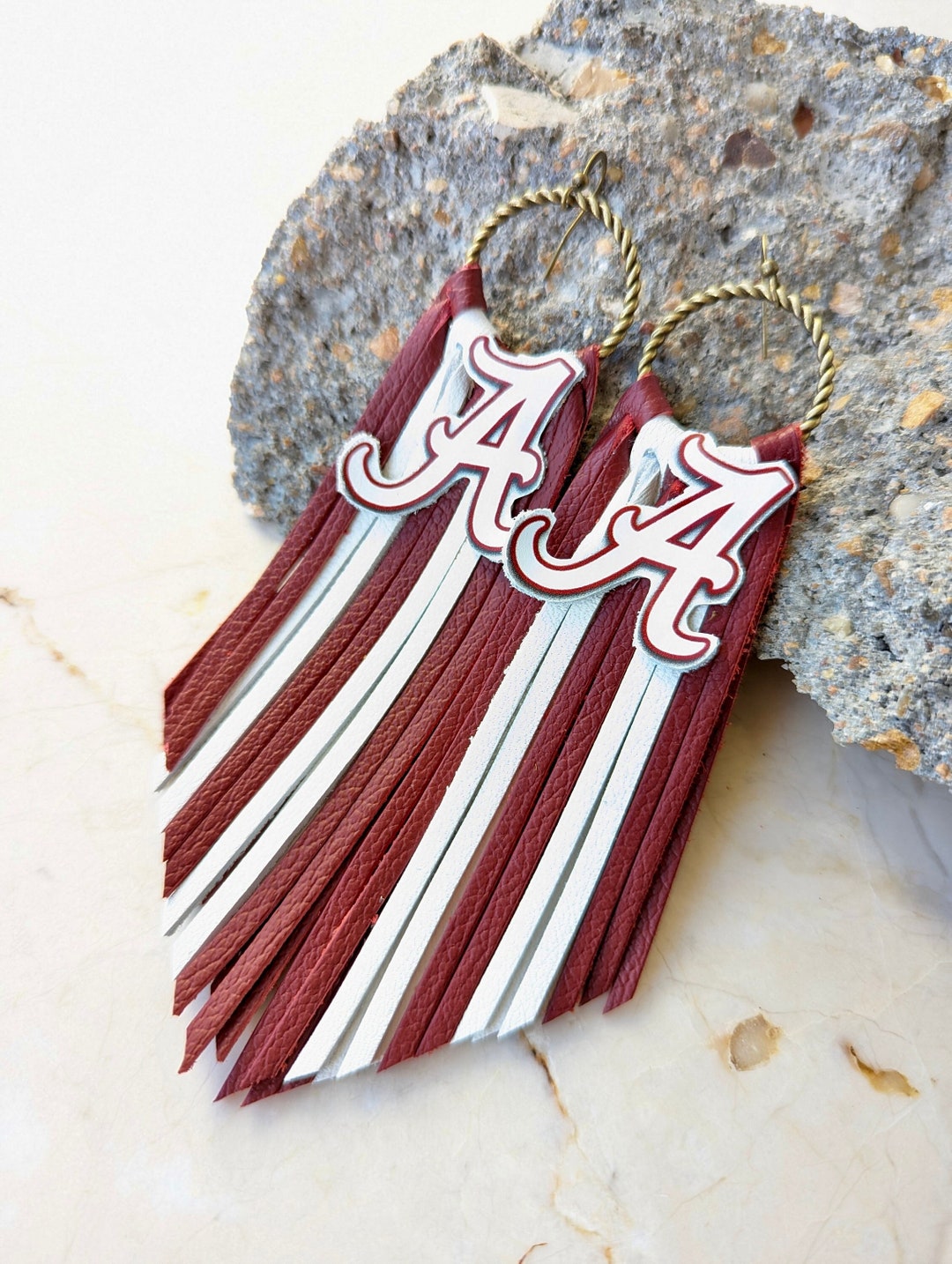 Alabama Crimson Red and White Leather Fringe Earring, University of