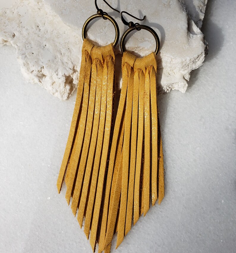 Golden Yellow Leather Fringe Boho Earrings Mustard Sunshine Etsy