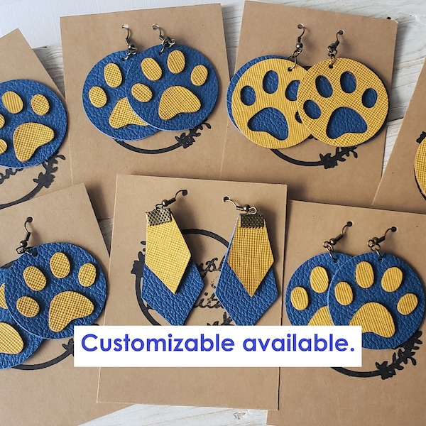 Genuine Leather 1.5" Paw Print Leather Earrings Lightweight, School Spirit Earrings, Blue and Yellow Gold Paws, custom colors available