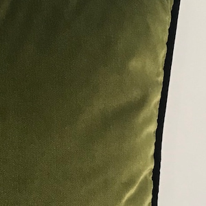 Puede incluir: Una almohada de terciopelo verde con ribete negro. La almohada es cuadrada y tiene una textura suave y mullida.