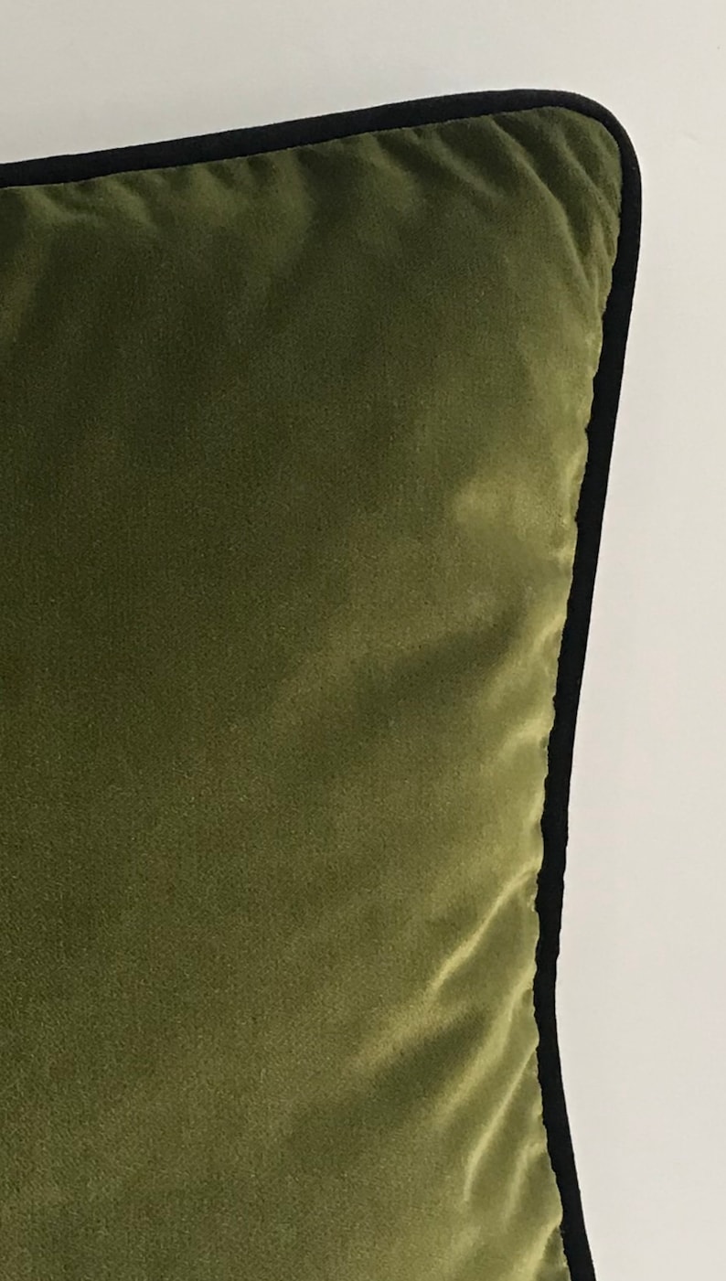Puede incluir: Una almohada de terciopelo verde con ribete negro. La almohada es cuadrada y tiene una textura suave y mullida.