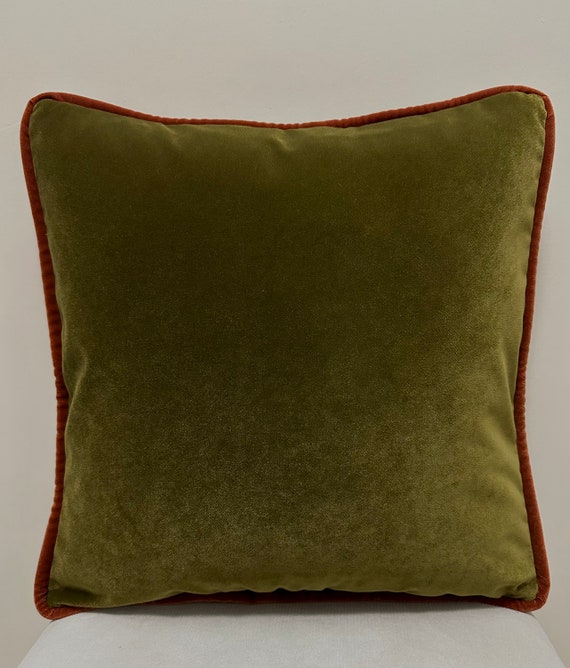Olive Green Velvet Pillow Cover With Piping, Tax is on us, Green Pillow Case, Orange Piping Pillow, Custom Made Pillow, Throw Pillow Cover
