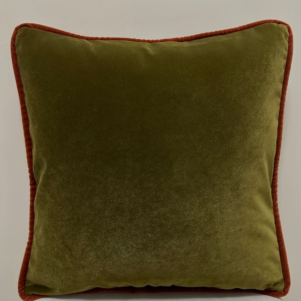 Olive Green Velvet Pillow Cover With Piping, Tax is on us, Green Pillow Case, Orange Piping Pillow, Custom Made Pillow, Throw Pillow Cover