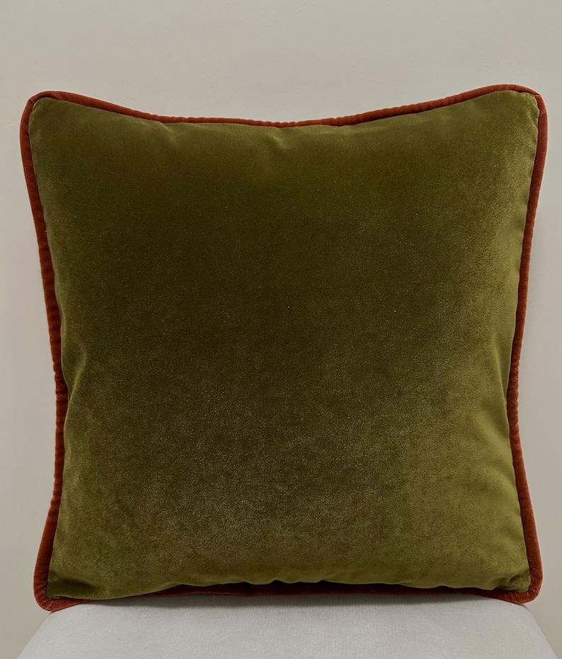 May include: A green velvet pillow with a rust-colored border.