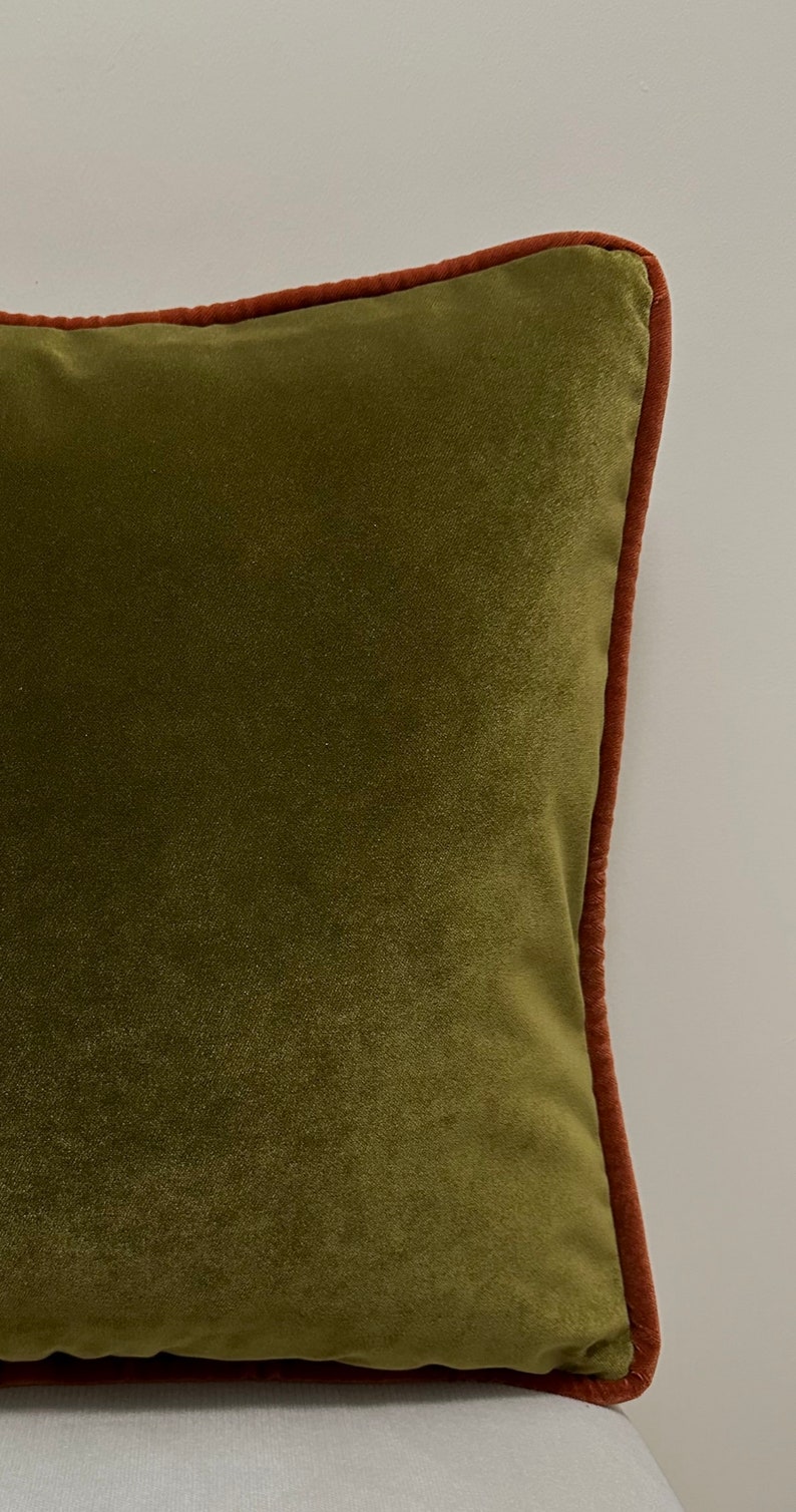 May include: A green velvet pillow with a rust-colored border.