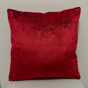 May include: A red velvet throw pillow with a subtle textured pattern. The pillow is square and has a soft, plush feel.