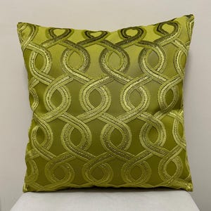 May include: A green throw pillow with an intricate woven pattern. The pillow is made of a soft, plush fabric and has a square shape.