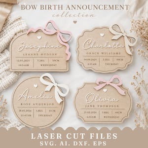 May include: Wooden birth announcement signs with laser-cut names and bow accents. Each sign displays a name, date, time, weight in kilograms, and height in centimeters. The signs are in various shapes and sizes, with a neutral color palette.