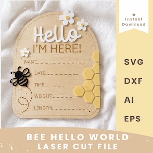 Bee Hello World Födelsemeddelande Laserskuren Fil SVG Födelsestatistik Plywood Akryl Laserskuren Design Glowforge xTool Digital Nedladdning