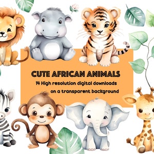 Cute Watercolor Safari Animal Clipart, Instant Download, African, Elephant, Tiger, Lion Monkey Jungle, Graphics Illustrations, PNG Scrapbook