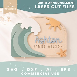 Peut inclure: Une plaque de naissance en bois en forme d'arche avec une vague superposée dans des tons de vert et blanc, un soleil jaune et une étoile de mer. Le prénom Ashton est écrit en bleu, avec le texte JAMES WILSON imprimé en dessous.