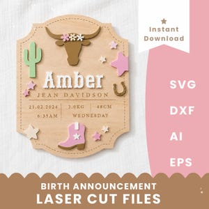 Arquivo de Corte a Laser para Anúncio de Nascimento com Tema de Cowgirl | Arquivo de Corte SVG | Placa com Nome de Bebê no Estilo Western | Download Digital Glowforge xTool | SVG de Rodeio | Cowboy