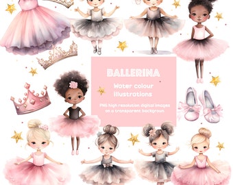 Cute Watercolor Ballerina Clipart, Instant Download, Watercolor Girl, Dancing, Graphics ,Ballet Illustrations, PNG Scrapbook Pink, Tiara