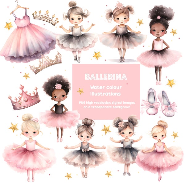 Cute Watercolor Ballerina Clipart, Instant Download, Watercolor Girl, Dancing, Graphics ,Ballet Illustrations, PNG Scrapbook Pink, Tiara