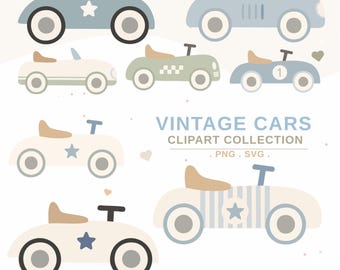 Vintage Cars Clipart Bundle |  SVG PNG | Retro Race Cars| Nursery Clipart | Commercial Use | Instant Download | Cricut | Laser Cut File