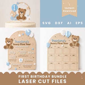 Può includere: Un pacchetto di file digitali per taglio laser che include un topper per torta, una tavola dei traguardi del primo anno e una cornice per foto mensile a tema orsetto, con accenti azzurri, marroni e forme a stella.