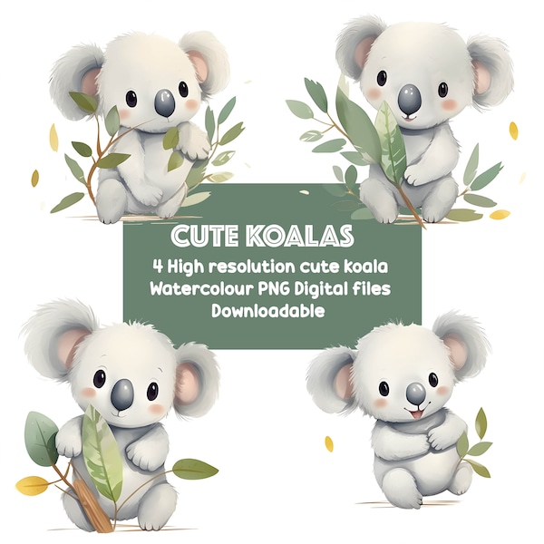 Couper Koala Clipart, aquarelle, téléchargement immédiat, graphiques, Illustration PNG Scrapbook, mignon, Aussie animaux Journal, Animal Graphics