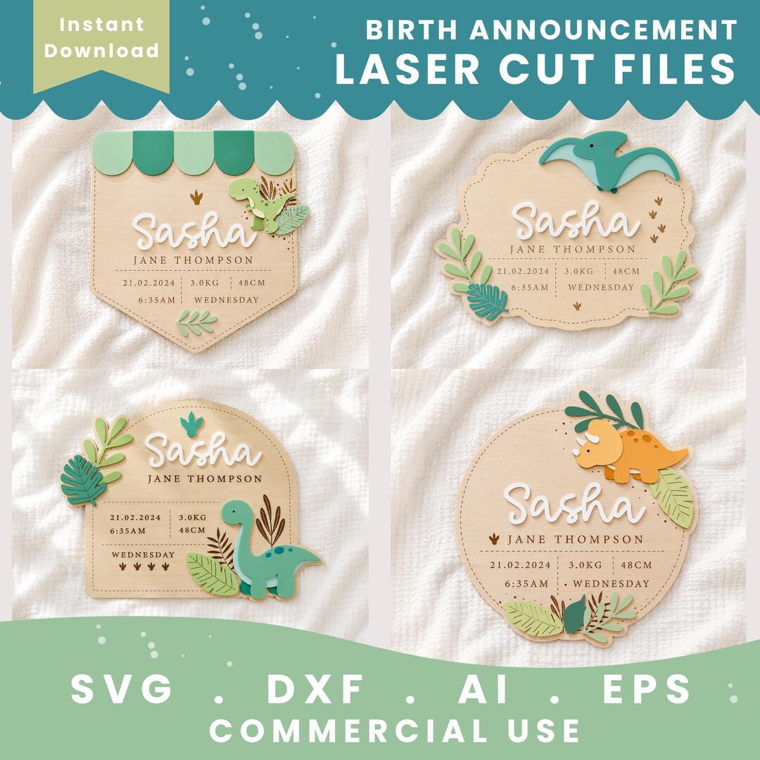 Dinosaur Birth Announcement Bundle SVG | Baby Name Sign Laser Cut File ...
