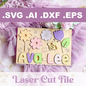 Rompecabezas de nombre de flor personalizado Archivo cortado con láser, archivos láser SVG Rompecabezas de nombre Glowforge Descarga digital Descarga instantánea Rompecabezas de nombre para niños