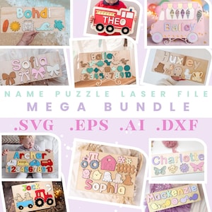 Könnte beinhalten: Eine Sammlung von Holz-Namenspuzzles mit verschiedenen Designs und Themen. Jedes Puzzle zeigt den Namen eines Kindes in bunten Buchstaben, begleitet von thematischen Formen und Zahlen. Der Text "NAME PUZZLE LASER FILE MEGA BUNDLE .SVG .EPS .AI .DXF" ist ebenfalls enthalten.