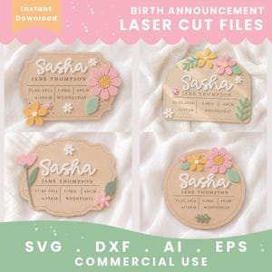 May include: Four wooden birth announcement signs featuring the name Sasha, Jane Thompson, birth date 21.02.2024, 3.0kg, 48cm, 6:35AM, and Wednesday. Each sign has laser-cut floral accents in pink, yellow, and green, with varying shapes including scalloped, arched, and circular designs.