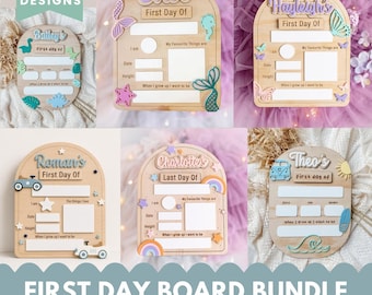 May include: A collection of 16 arched wooden milestone boards for children, featuring customizable name cutouts and blank fields for recording details like date, height, and favorite things, decorated with various colorful wooden icons.