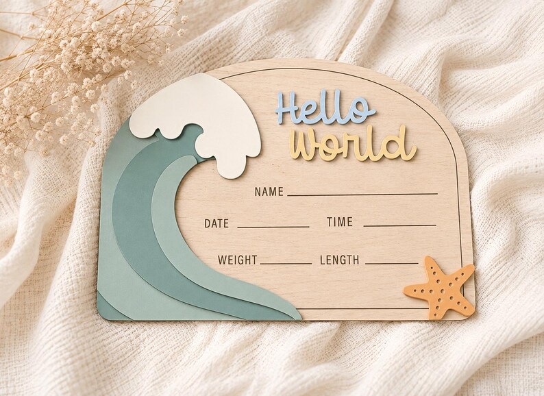 Wave Hello World Birth Announcement SVG Baby Name Sign Laser Cut File ...