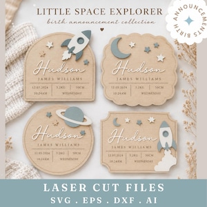 May include: Four wooden birth announcement signs featuring space-themed cutouts like rockets, planets, and stars. Each sign displays the name Hudson, James Williams, 12.05.2024, 3.2KG, 50CM, 10:24AM, and Wednesday. The text Little Space Explorer is at the top.