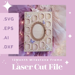 Moldura personalizada de borboleta para marco de 12 meses Arquivo cortado a laser, arquivos SVG Laser Glowforge Digital Download Download instantâneo Moldura para o primeiro ano