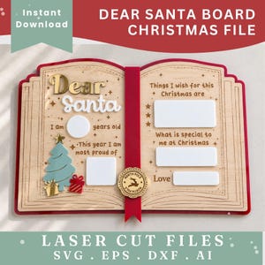 May include: A wooden Dear Santa board shaped like an open book with gold and white text, a light blue Christmas tree, red and gold gift icons, a gold North Pole seal, and white blank spaces for writing personal details and holiday wishes.