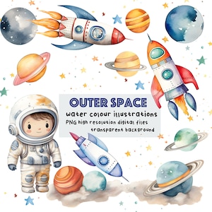 Cute Watercolor Planets Clipart, Instant Download, Watercolor Planets, Rockets, Astronauts, Graphics - Space Illustrations - PNG - Scrapbook