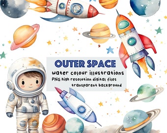 Cute Watercolor Planets Clipart, Instant Download, Watercolor Planets, Rockets, Astronauts, Graphics - Space Illustrations - PNG - Scrapbook