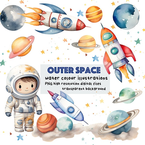 Cute Watercolor Planets Clipart, Instant Download, Watercolor Planets, Rockets, Astronauts, Graphics - Space Illustrations - PNG - Scrapbook