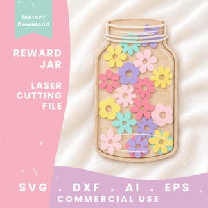 Può includere: Un file di taglio laser per barattolo dei premi in legno con il contorno di un barattolo riempito di gettoni a forma di fiore color pastello nelle tonalità giallo, rosa, viola e verde menta, con il testo Instant Download Reward Jar.