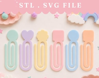 May include: Pastel-colored paper clips in mint green, lavender, yellow, pink, light blue, and peach. Each clip has a unique top shape: circle, heart, flower, square, circle, and square. The image includes text that reads "3D PRINT STL. SVG FILE".