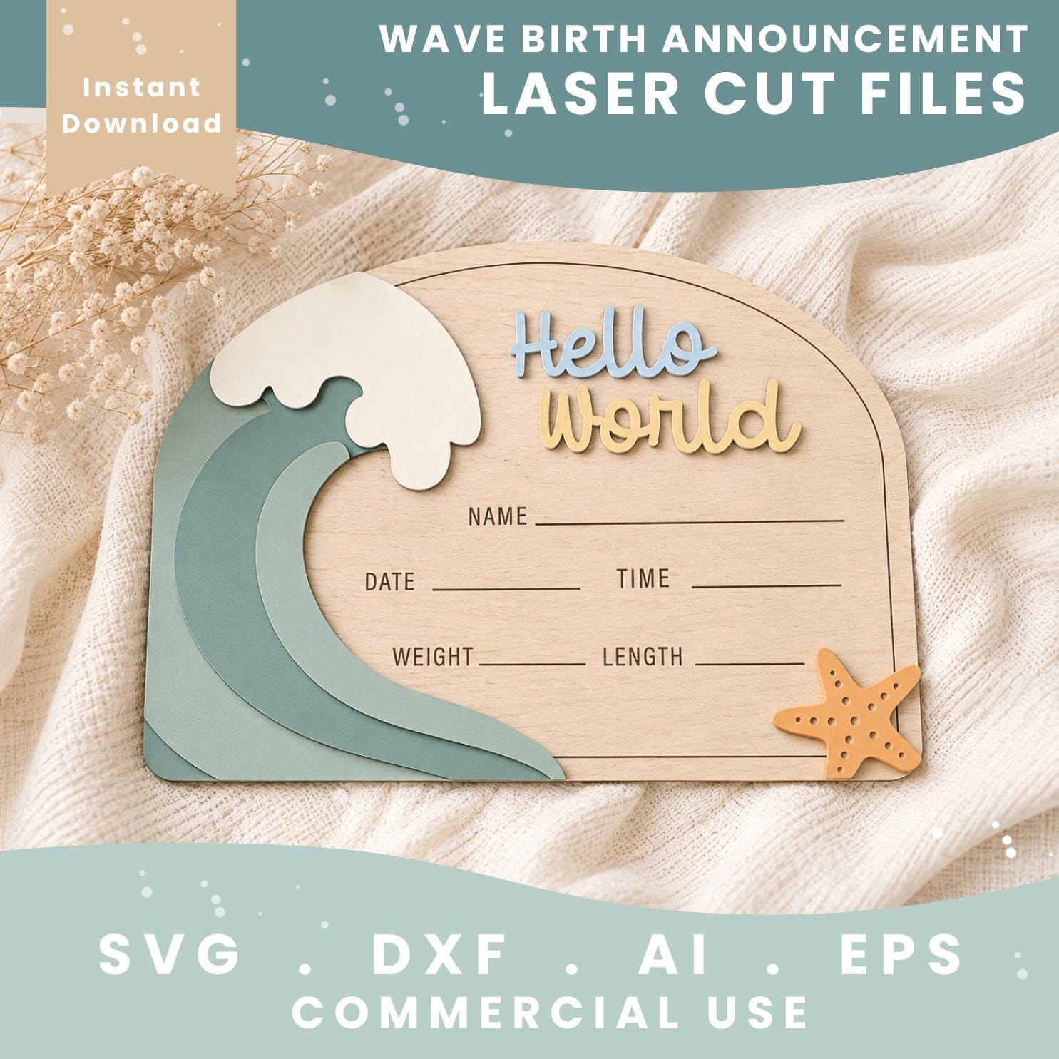 Wave Hello World Birth Announcement SVG Baby Name Sign Laser Cut File ...