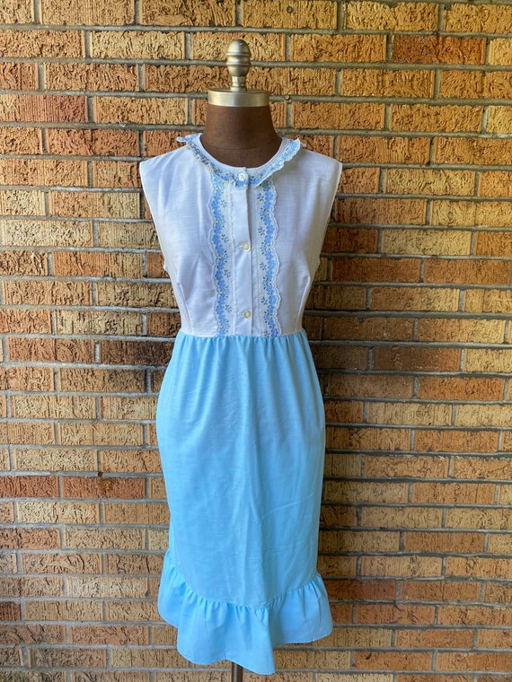 Vintage 70s/80s Montgomery Ward Baby Doll Baby Blue and White Dress With  Flower Accents - Etsy